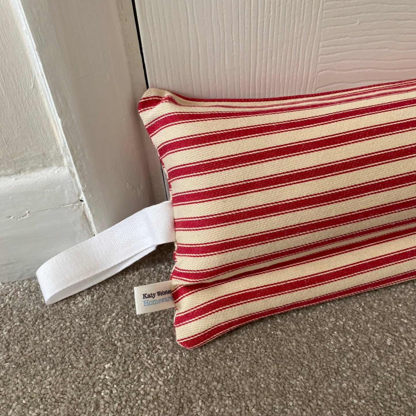 Raspberry Ticking Stripe Weighted Draught Excluder - katywebsterhomeware