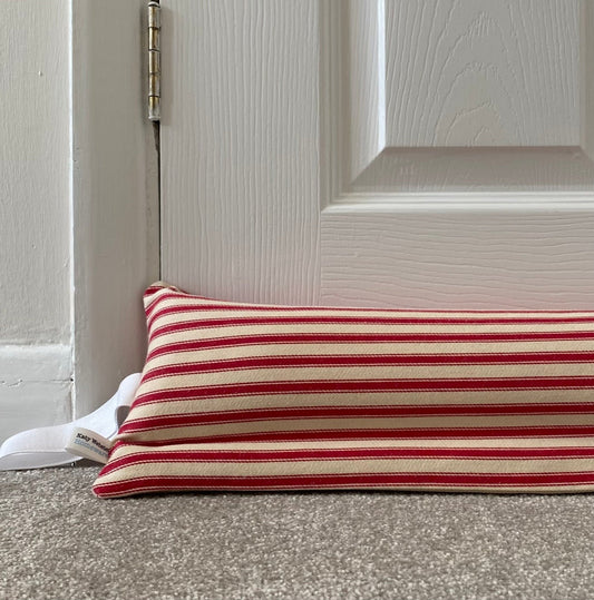 Raspberry Ticking Stripe Weighted Draught Excluder - katywebsterhomeware