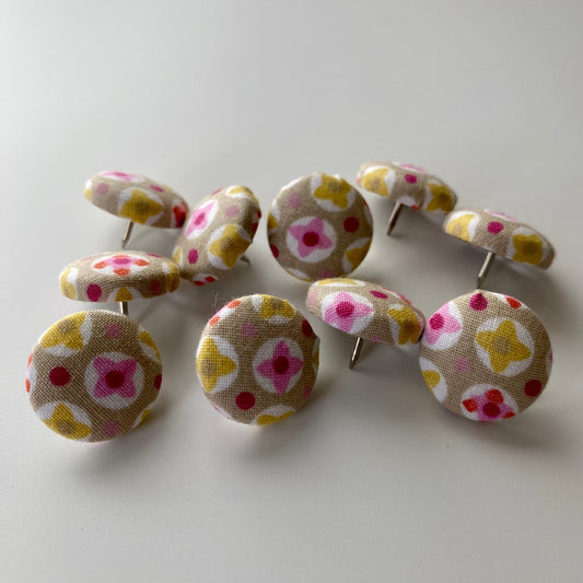 Taupe/Pink Geo Fabric Drawing Pins (10 pk) - katywebsterhomeware