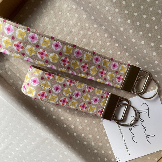 Wristlet Fabric Key Fob - Taupe/Pink Geo - katywebsterhomeware