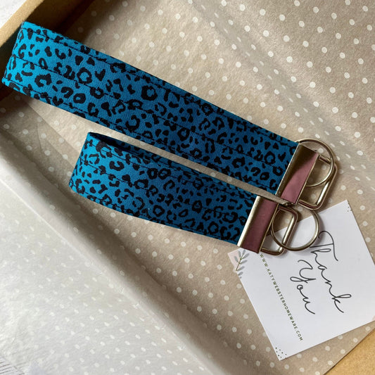 Wristlet Fabric Key Fob - Teal Leopard - katywebsterhomeware
