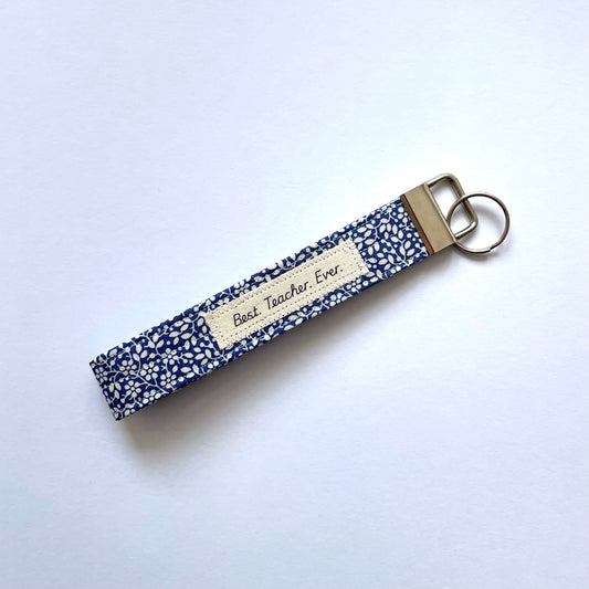 Best Teacher Wristlet Keyring Blue Ditsy