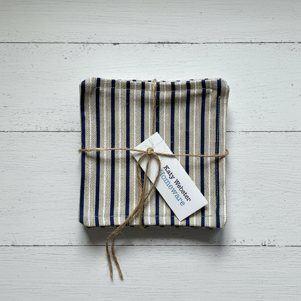 Striped fabric coasters tied with twine