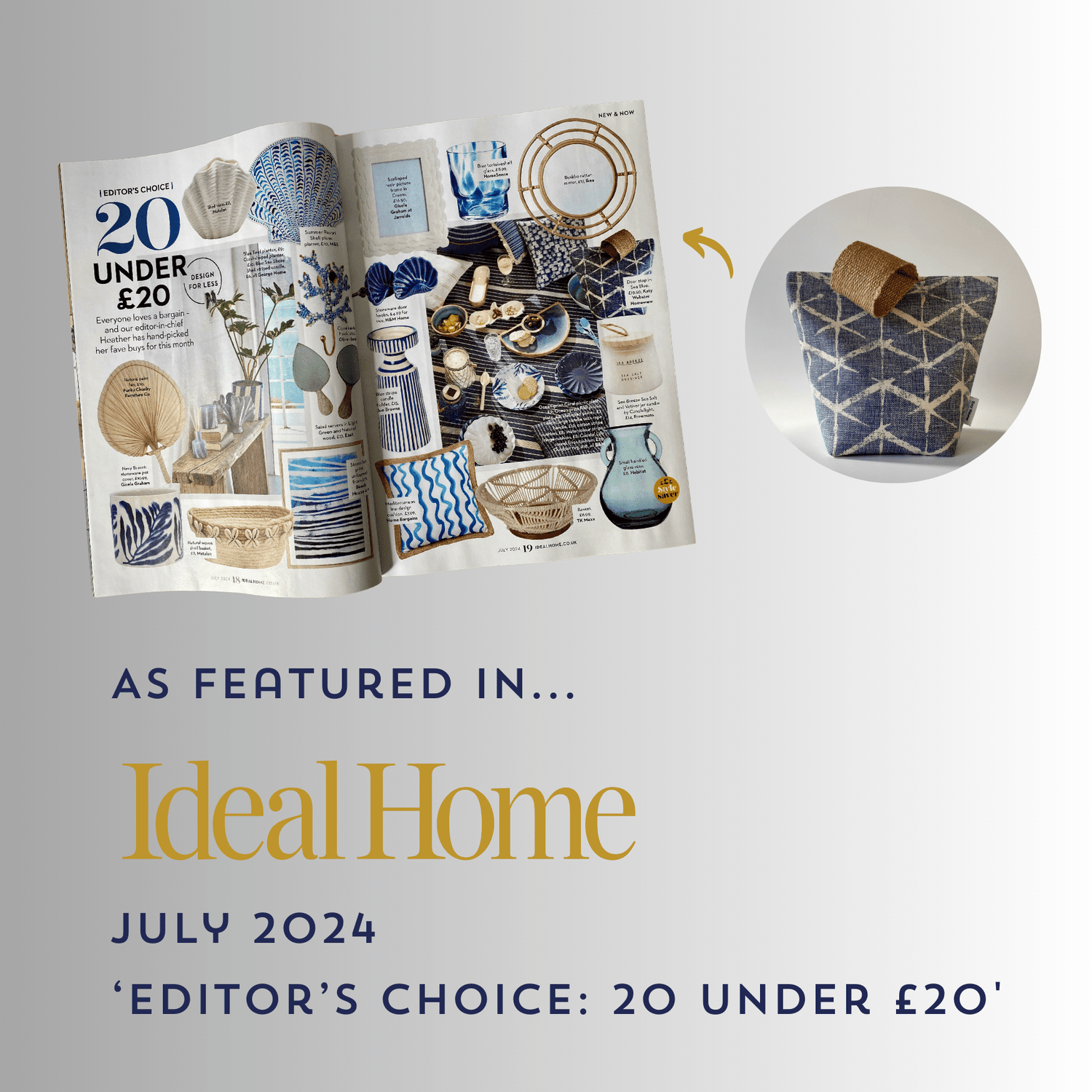 Katy Webster Homeware Blue Fabric Door Stop as featured in Ideal Home Magazine July 2024