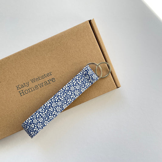 Wristlet Fabric Key Fob - Blue Ditsy Floral
