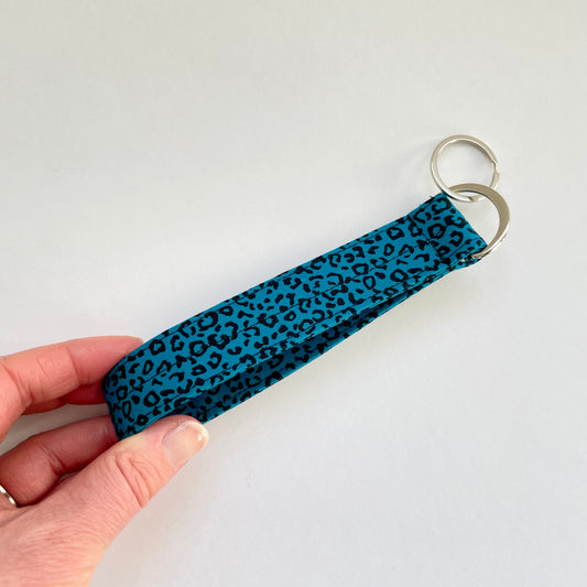 Wristlet Fabric Key Fob - Teal Leopard