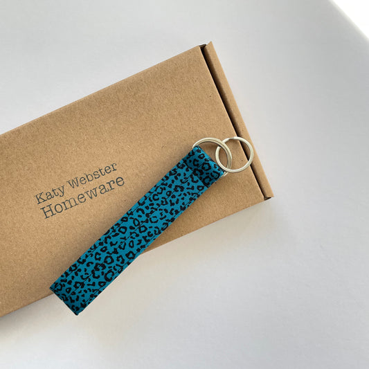 Wristlet Fabric Key Fob - Teal Leopard