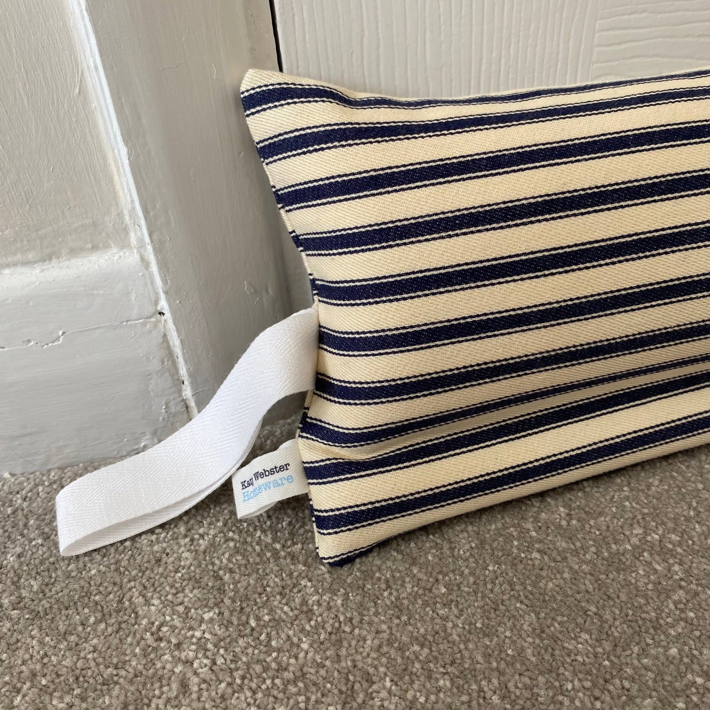 Navy Ticking Stripe Weighted Draught Excluder - katywebsterhomeware