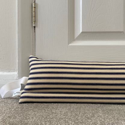 Navy Ticking Stripe Weighted Draught Excluder - katywebsterhomeware