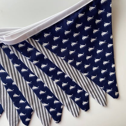 Navy Whale and Stripe Bunting - katywebsterhomeware