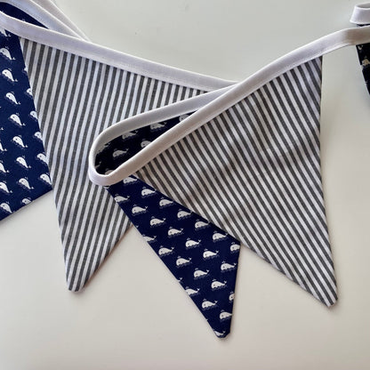 Navy Whale and Stripe Bunting - katywebsterhomeware