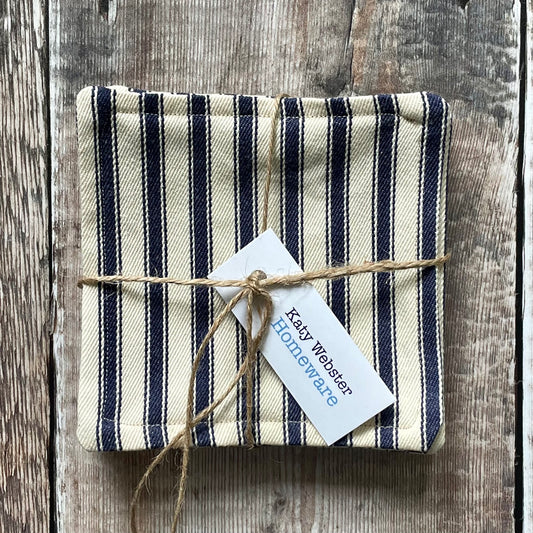 Navy and cream ticking stripe fabric coasters tied with twine and label printed Katy Webster Homeware