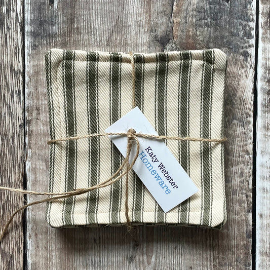 Olive green and cream ticking stripe fabric coasters tied with twine and label printed Katy Webster Homeware