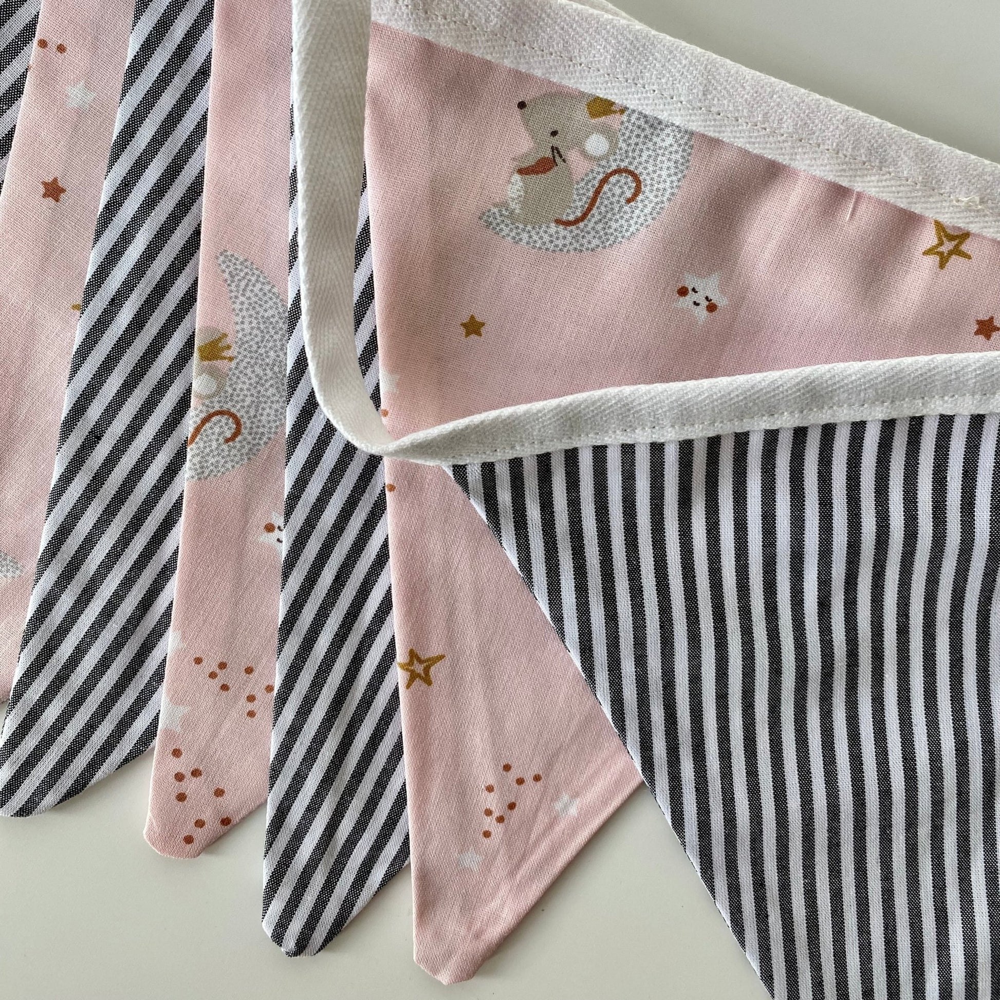 Pink Mouse and Grey Stripe Bunting - katywebsterhomeware