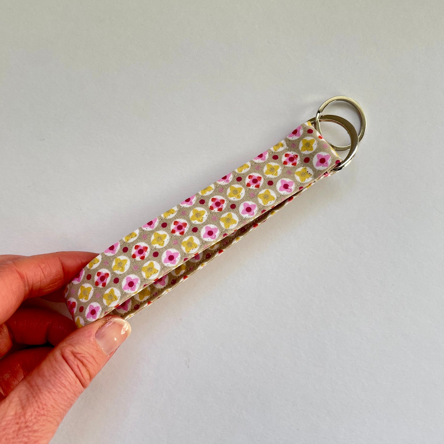 Wristlet Fabric Key Fob - Taupe/Pink Geo