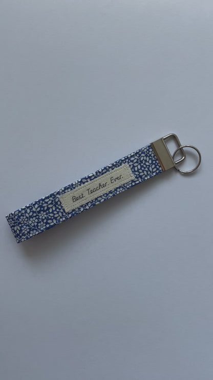 Best Teacher Wristlet Keyring Blue Ditsy