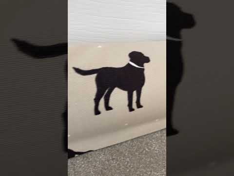 Black Lab dog patterned beige, white and black heavy draught excluder with washable cover and hanging loop.