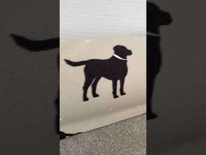 Black Lab dog patterned beige, white and black heavy draught excluder with washable cover and hanging loop.