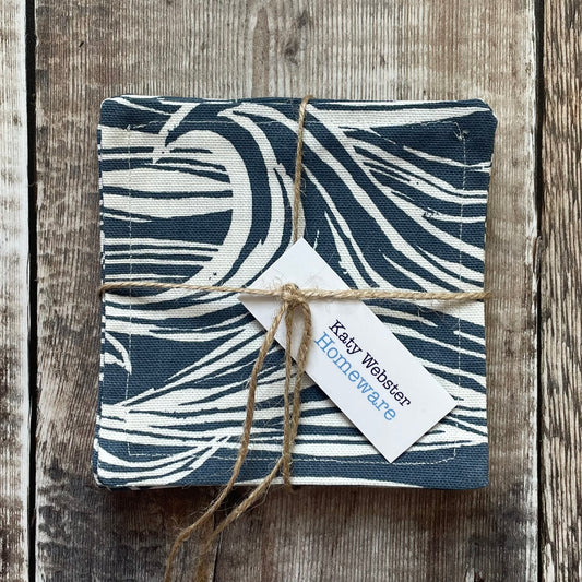 Navy and white wave pattern fabric coasters