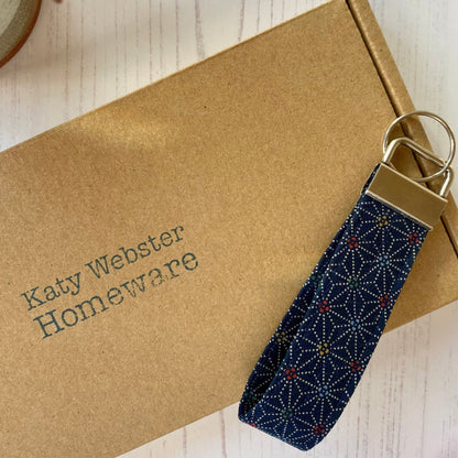 Wristlet Fabric Key Fob - Navy Sashiko - katywebsterhomeware