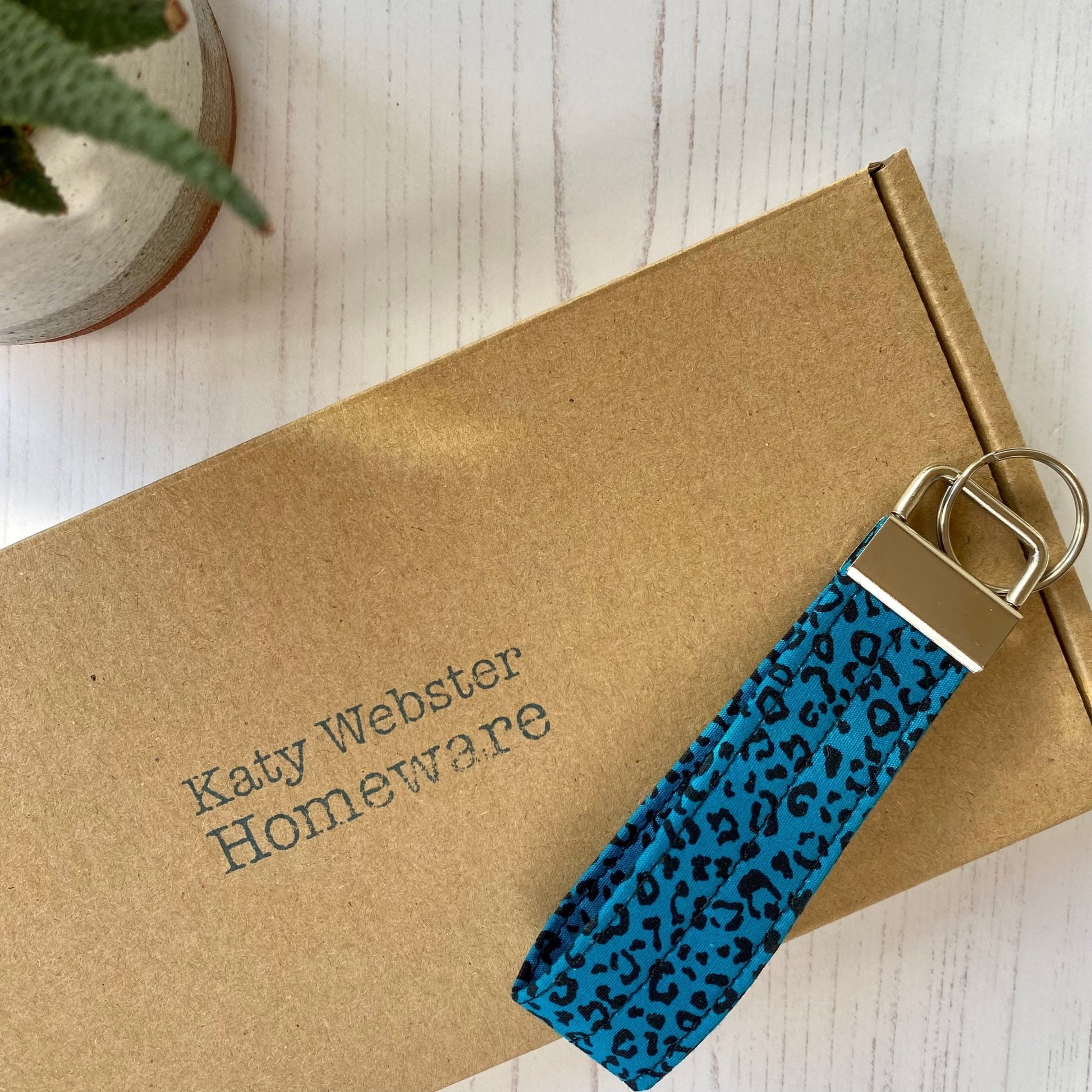 Wristlet Fabric Key Fob - Teal Leopard - katywebsterhomeware